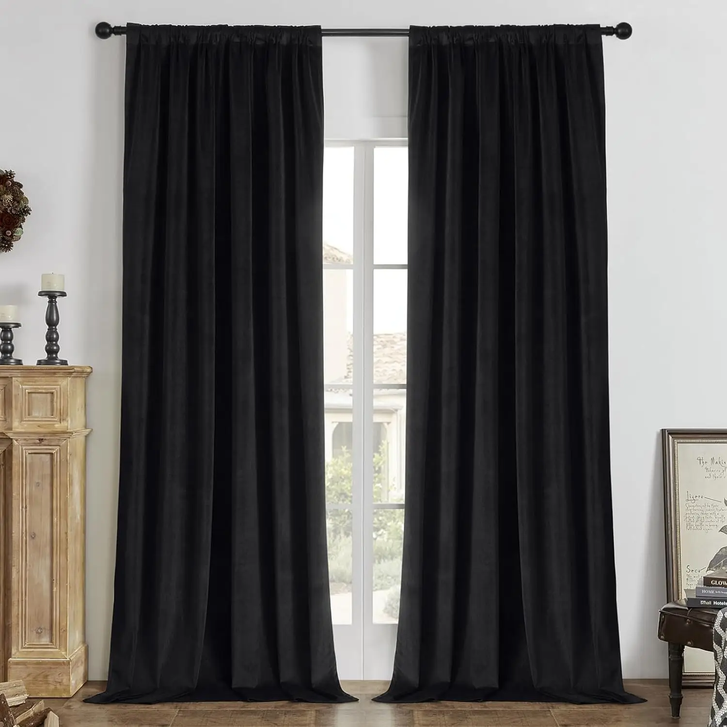 Black 100% Blackout Curtains 108 Inch 2 Panels, Luxury Thermal Insulated Black Velvet Curtains for Bedroom Living Room,