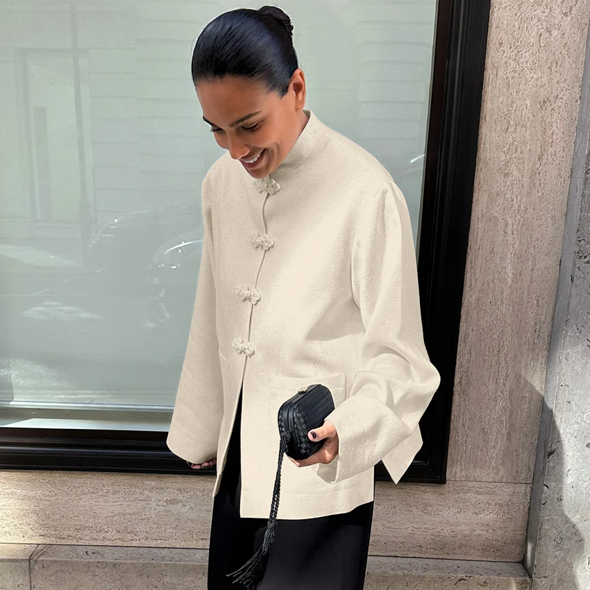 Khaki Vintage Stand Collar Blouse - Women's Long Sleeve Button Top