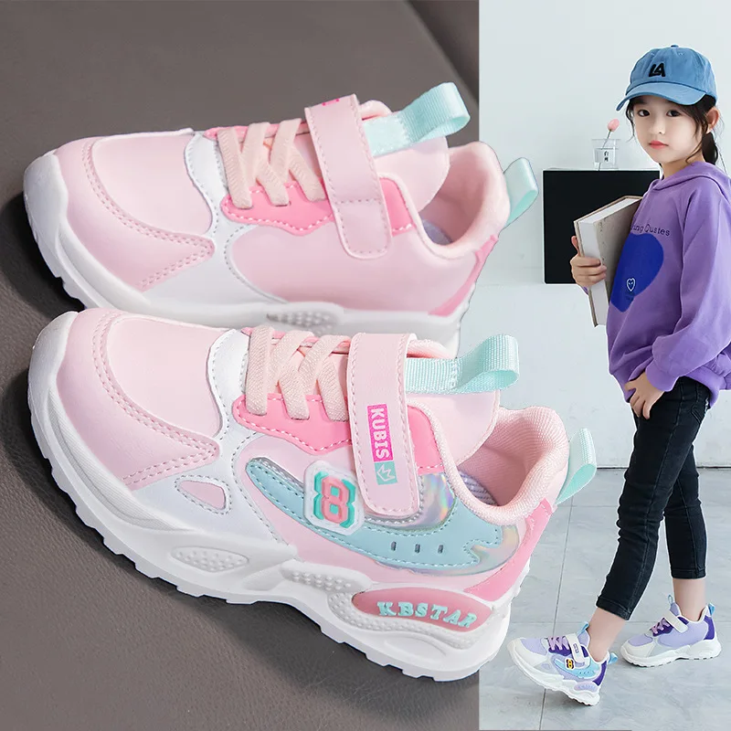 Children's Sneakers Girls Outwear Sports Shoes Lovely Pink Purple Casual Shoes Mesh Breathable Students Lightweight Running Shoe