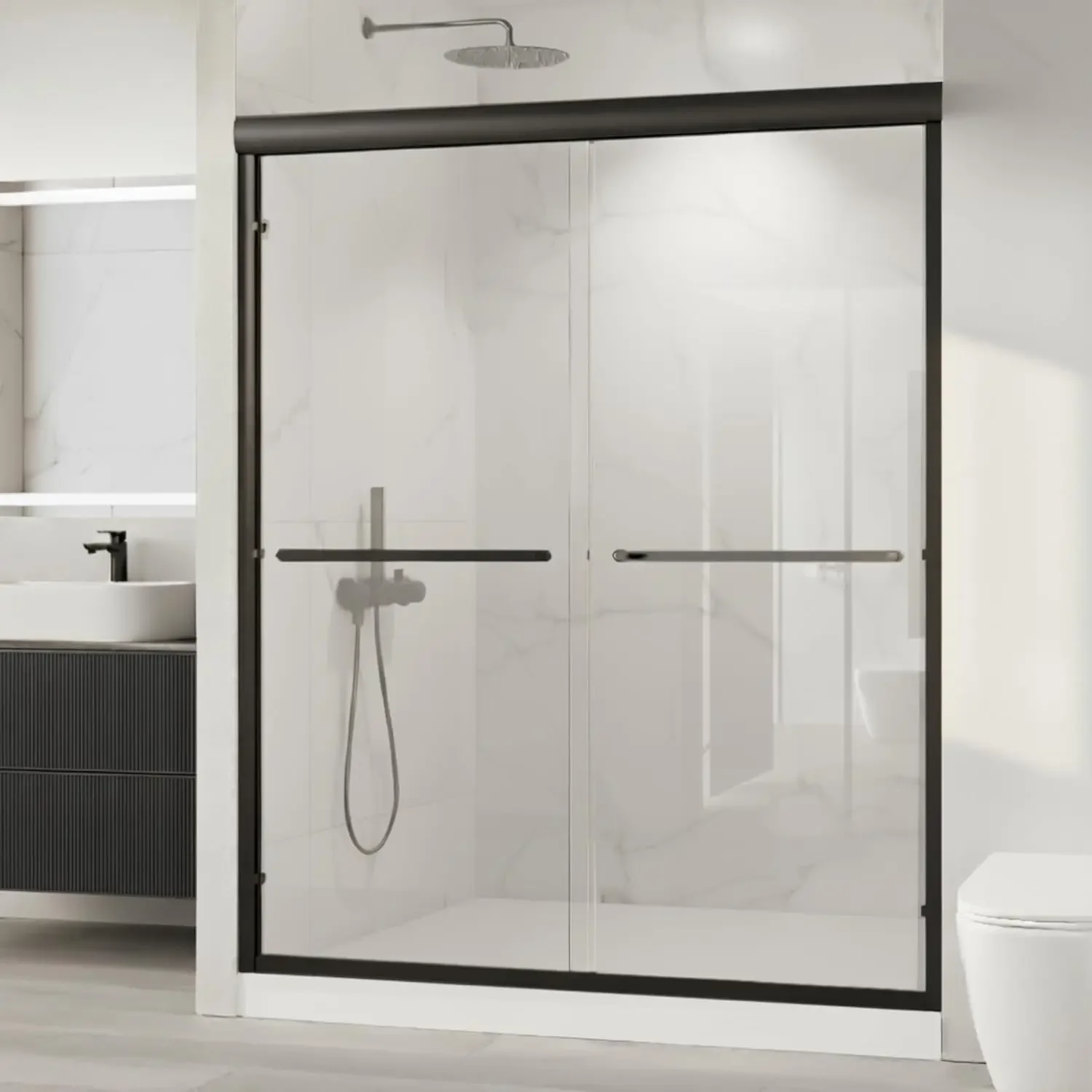 

Shower Doors, 56–60'' W x 72'' H Sliding Glass Shower Door, Matte Black Aluminum Frame, 1/4'' (6mm) High-Strength Tempered Glass