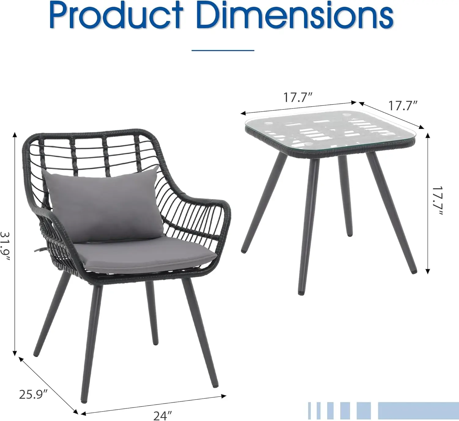 Outdoor Wicker Conversation Chair Sets, All-Weather Rattan Bistro Furniture Set with Glass Top Table, Cushions & Lumbar Pillows