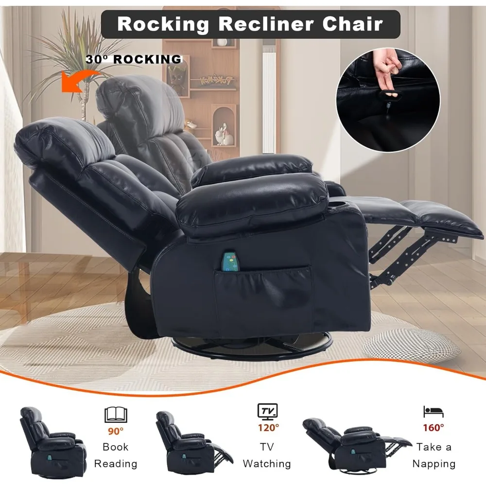 كرسي كرسي من الجلد الصناعي مع كراسي استلقاء يدوية للتدليك الحراري كرسي هزاز دوار مع حامل أكواب للبالغين، #6