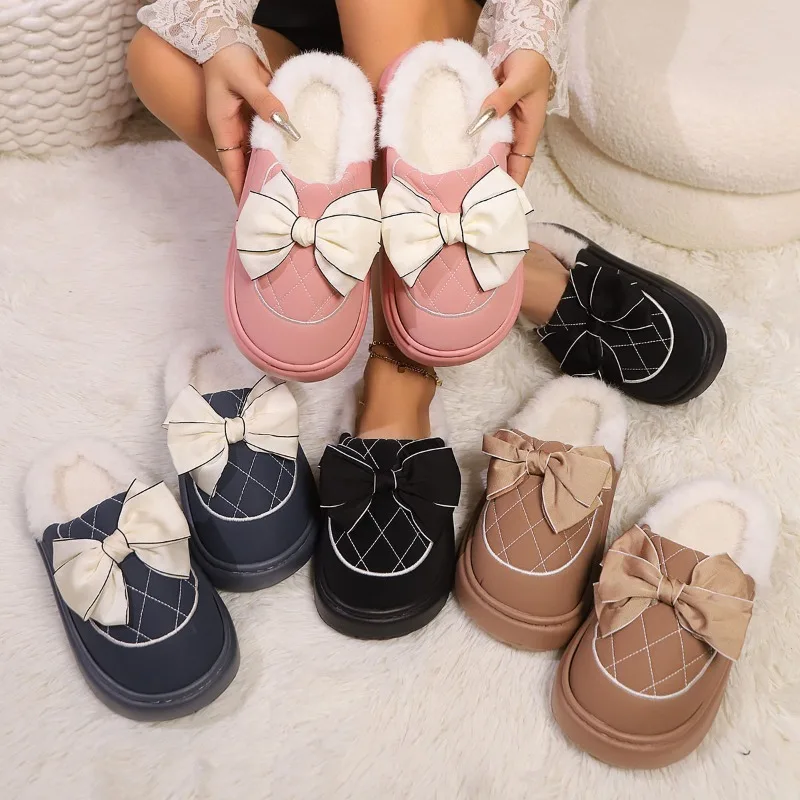 

Home Warm Slipper Female Bowknot Designer Winter Snow Booties Indoor Fluffy Slippers Women House Flats Fashion Footwear Warm
