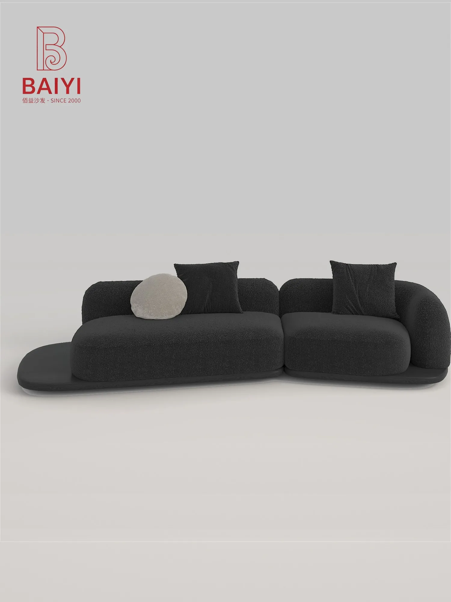Black Boucle Curved Modular Sofa 2 Piece Angled Design Wooden Platform Base Cocoon Armrest For Living Room Villa Bedroom