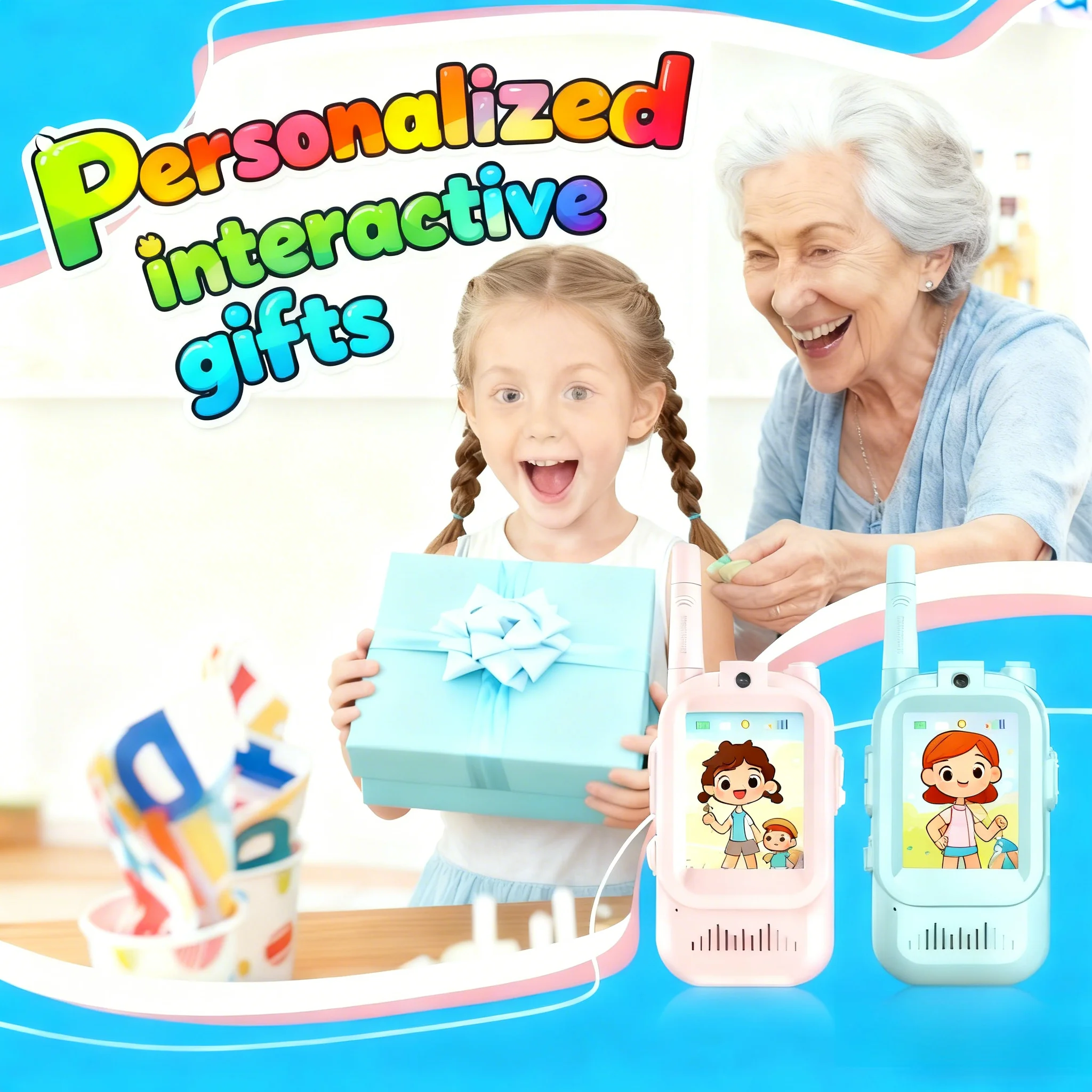 2PCS Facetime Video Walkie Talkies for Kids Long Range Rechargeable Girls Boys Toddler Gifts with Ages 3-12 Toy