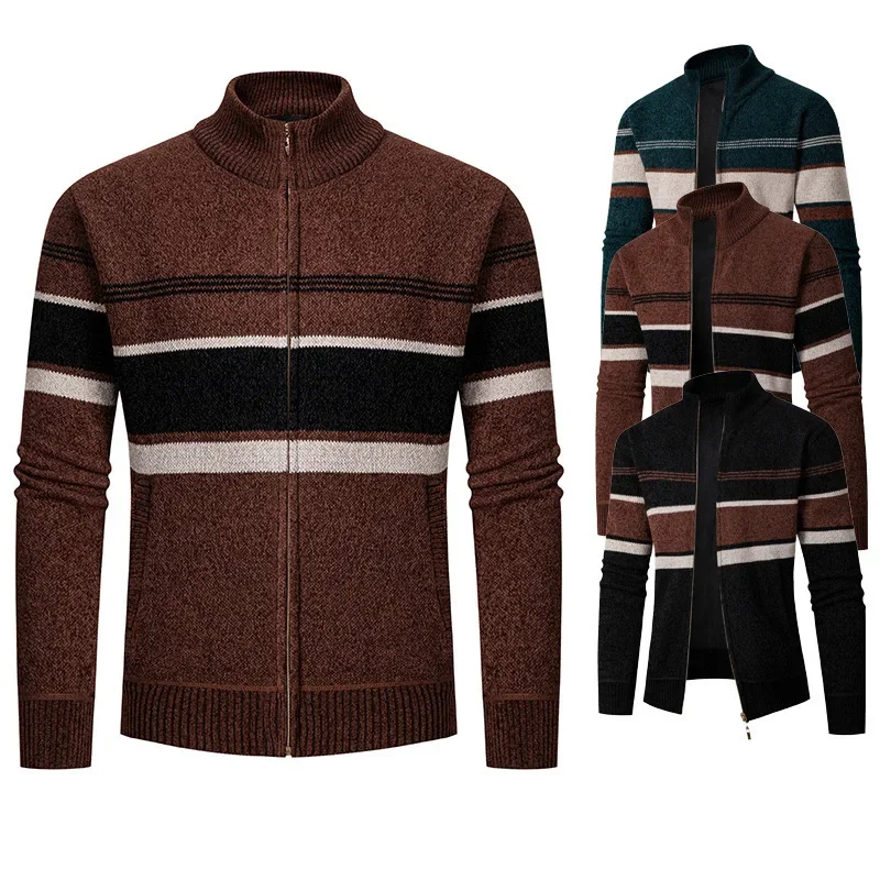

Утолщенный повседневный вязаный свитер для мужчин с воротником-стойкой в стиле пэчворк, цветной блок, большой размер, открытый кардиган, пальто, осенне-зимняя одежда