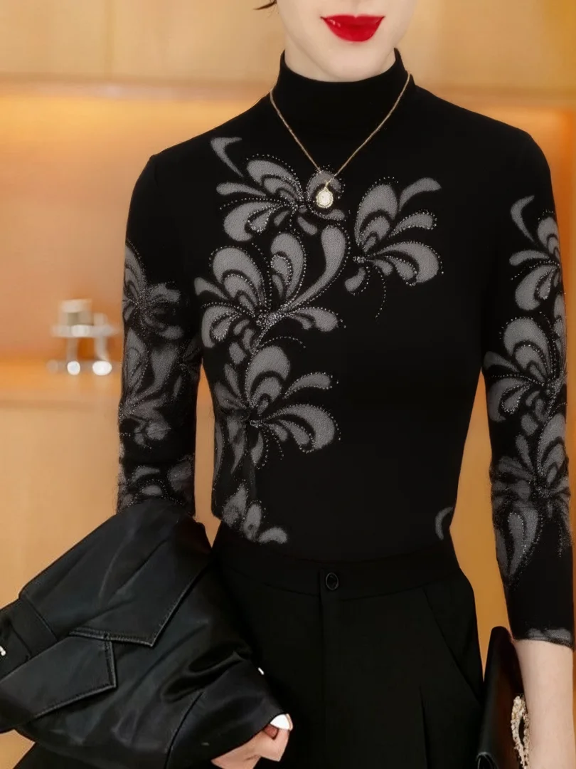

Thickened Fleece Long Sleeve Half High Collar Printed Thermal Top for Middle-Aged And Elderly Women Warm Versatile plus Size ...