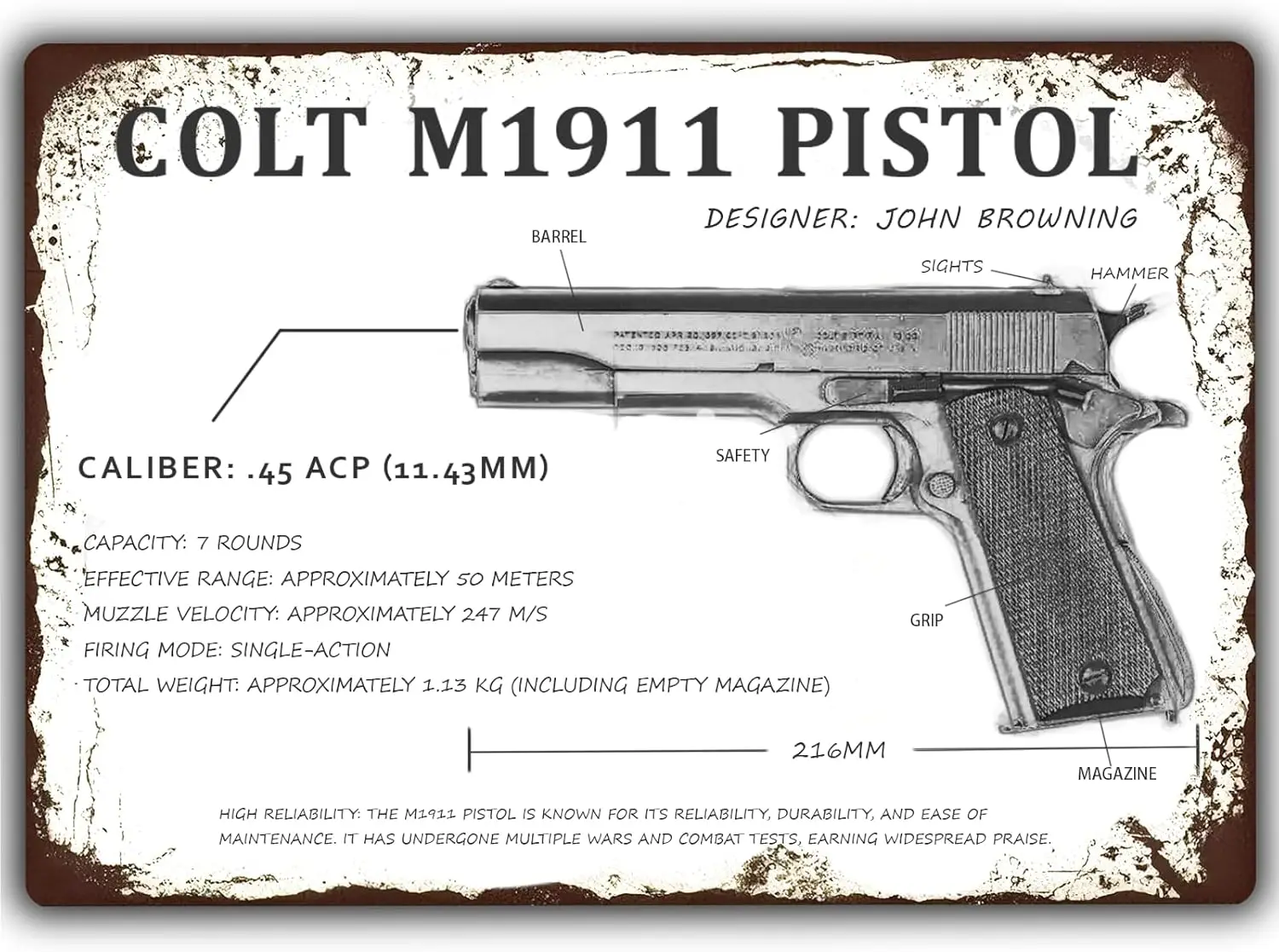 HQVLNAWX Vintage Metal Sign -Colt M1911 Pistol Model Military Themed Posters Military Gun Man Cave Decor Retro Tin Plaque for Ho