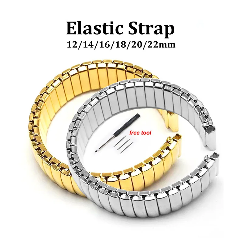 12mm 14mm 16mm 18mm 20mm 22mm Elastic Stretch Expand Stainless Steel Watch Band Universal Metal Watch Strap Silver Gold Bracelet