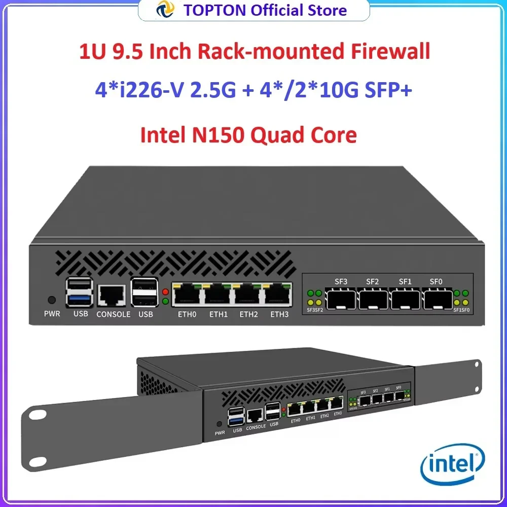 N150 1U 9.5 Inch Rack Mounted Mini PC Firewall 4*/2*10G SFP 4* I226-V 2.5G LAN Mini Computer Network Security Home Server