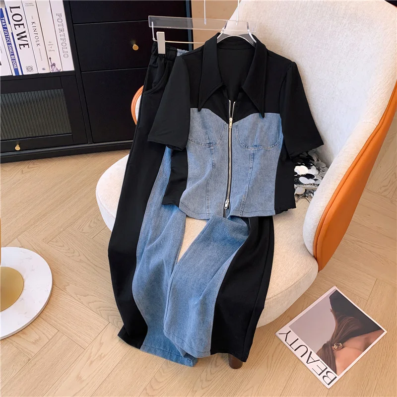 2024 Summer New Stitched Zipper T-shirt top Female Set Elegant Women\'s Jeans Casual Blouse Two Piece Set Ladies Tracksuits big