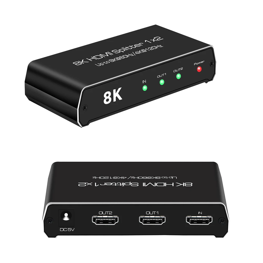 

8K 60hz Splitter 4k 120Hz 3D HDR 1x2 HDMI Splitter 1 In 2 Out Dual Display HDMI2.1 Audio Video Distributor for PS4 PS5 PC To TV