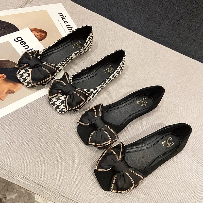 Women Flats with Bow Zapatos Planos De Mujer Woman Summer Shoes Size 44 Flat Shoes Size 33 45 Square Head Velvet Black Moccasins