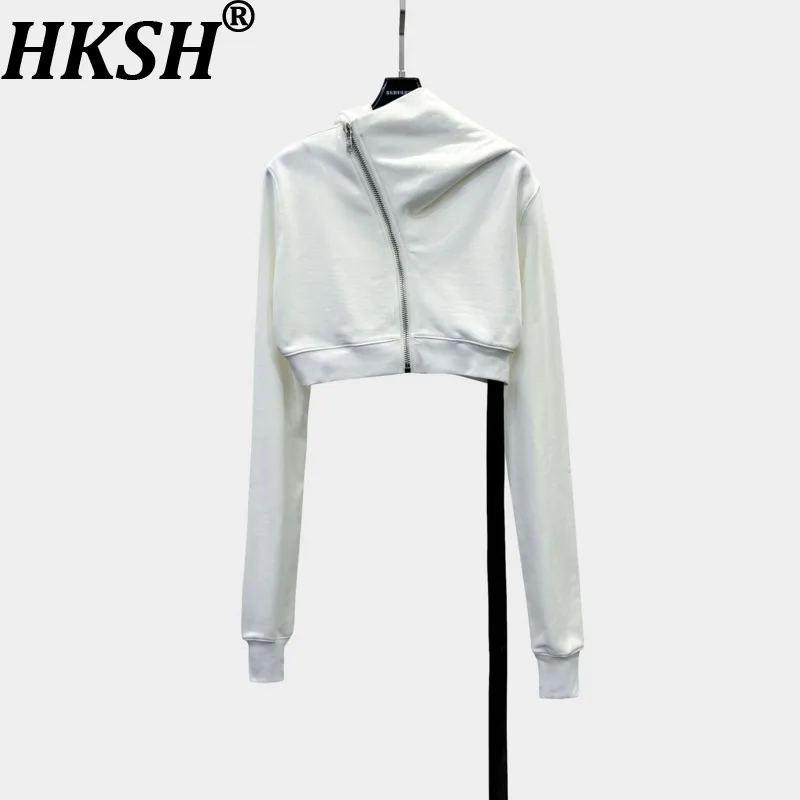 

HKSH Spring Autumn New Women Short Sweatshirt Hooded Diagonal Zipper Asymmetric Elegant Fashion Streetwear Casual Jacket HK13406