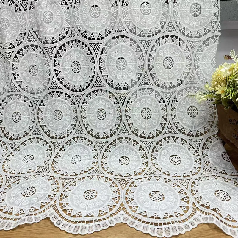 

New African lace fabric, water-soluble milk silk lace with full-width white hollow floral embroidery for dresses clothing fabric