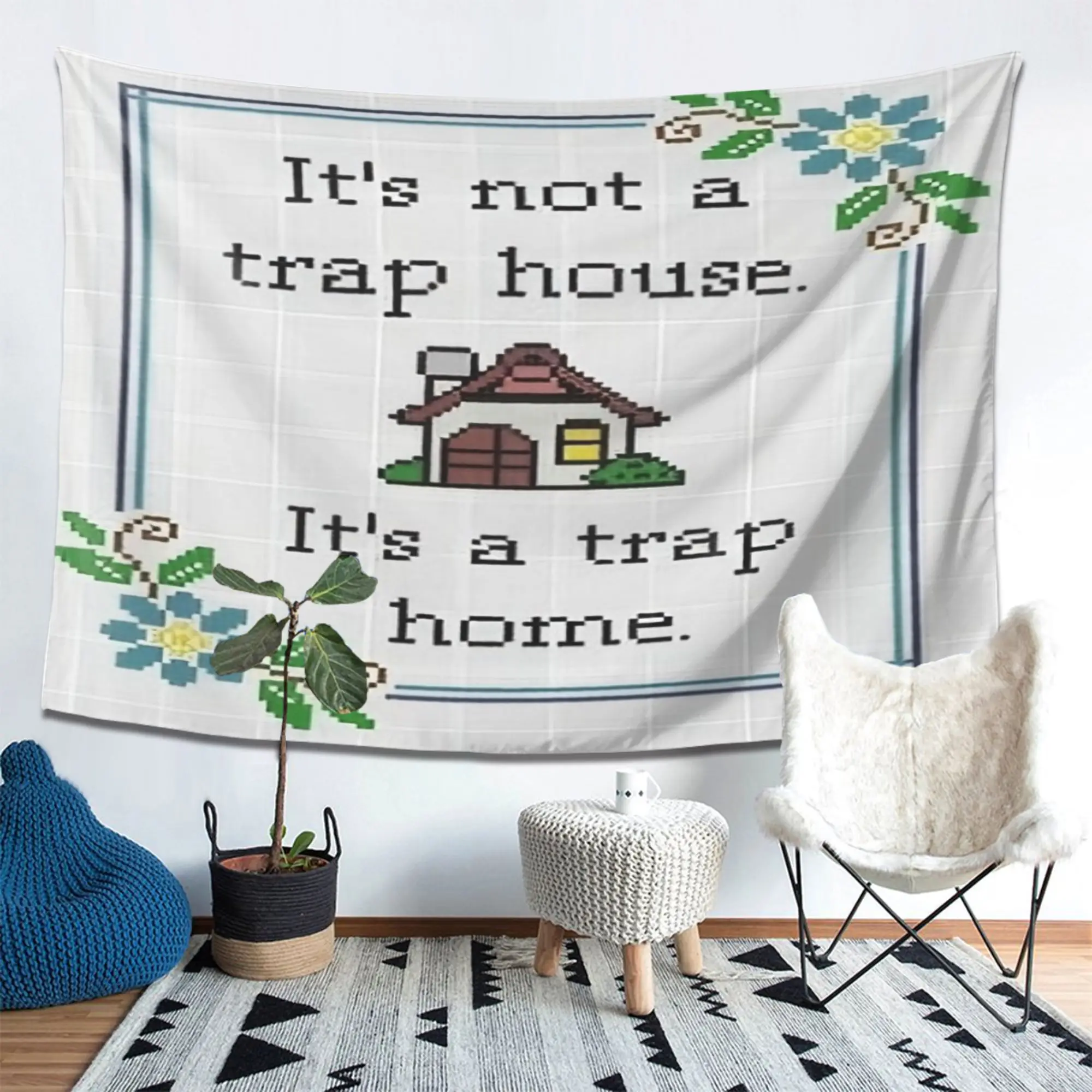 1pc Funny Quote It's Not A Trap House It's A Trap Home Tapestry Vintage Cross Stitch Style Wall Hanging Aesthetic Room Decor