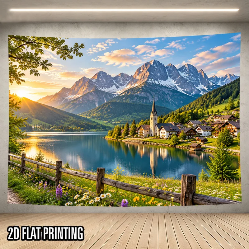 Alpine Town Tapestry, Golden Sunrise Snow Mountain Lake Village Church Green Meadow Wild Flowers Wall Hanging for Bedroom Living