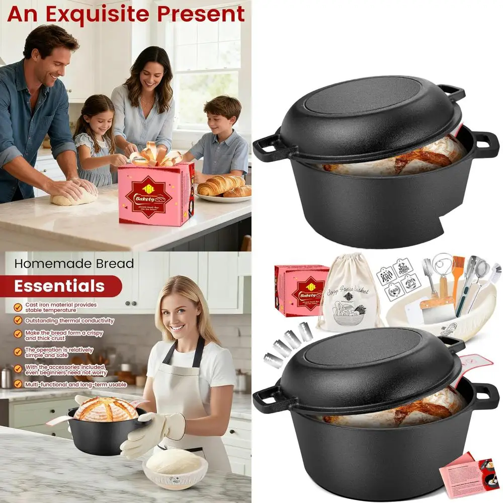 

Sourdough Starter Kit with 5QT Cast Iron Dutch Oven, Skillet Lid, Proofing Basket & Lame for Baking, Braising, and Frying