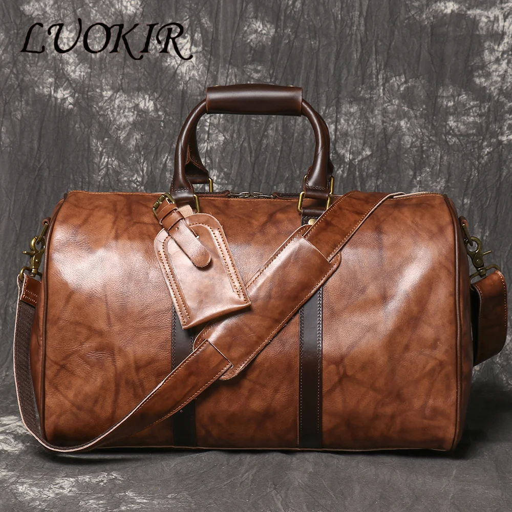 

LUOKIR Vintage Men's Genuine Leather Business Trip Travel Bag Top Layer Cowhide Large Capacity One Shoulder Crossbody Duffle Bag
