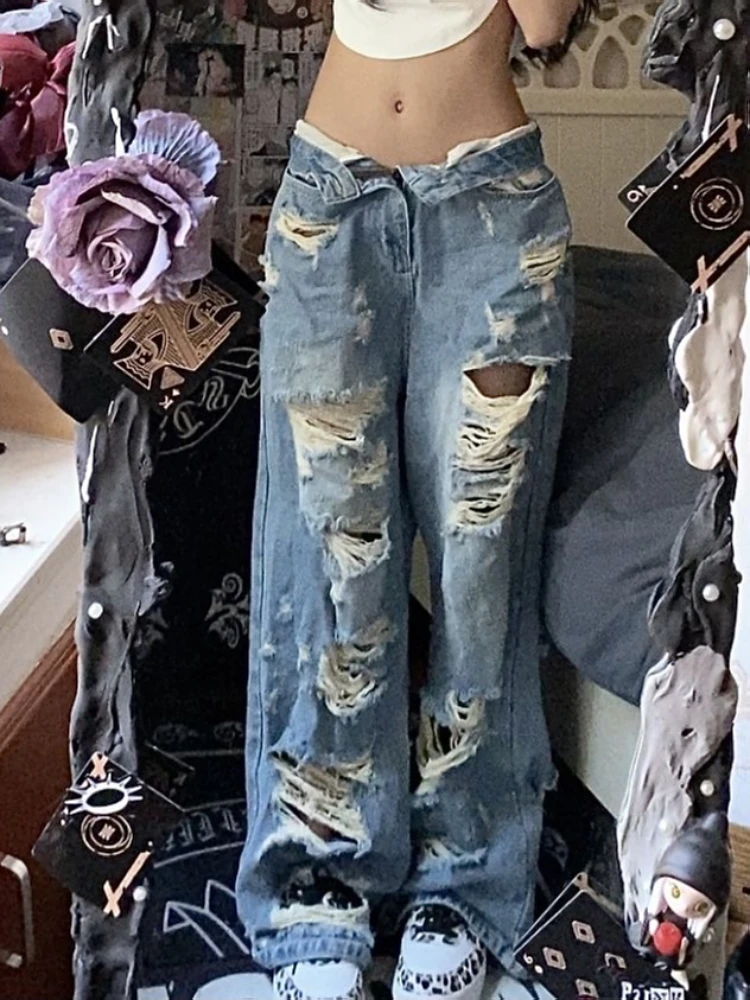 Woman Ripped Jeans Denim Baggy Low Waist Straight Leg Tie-dyed Wash Zipper Ripped Hole Casual Design Hot Tide High Street