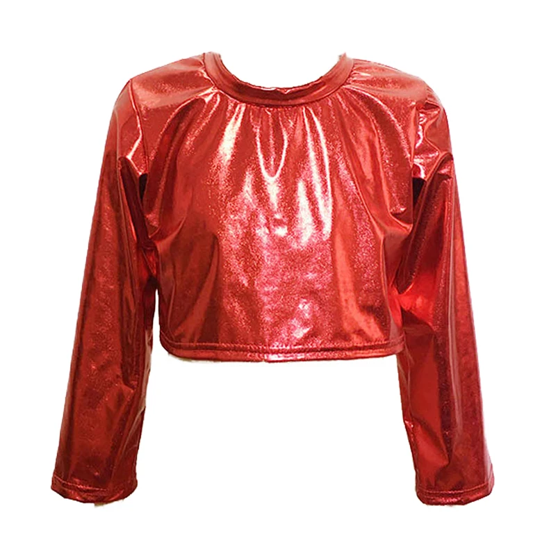 大人の子供メタリッククロップトップヒップホップストリートダンスステージパフォーマンス衣装光沢のある服長袖光沢のあるTシャツトップス男の子