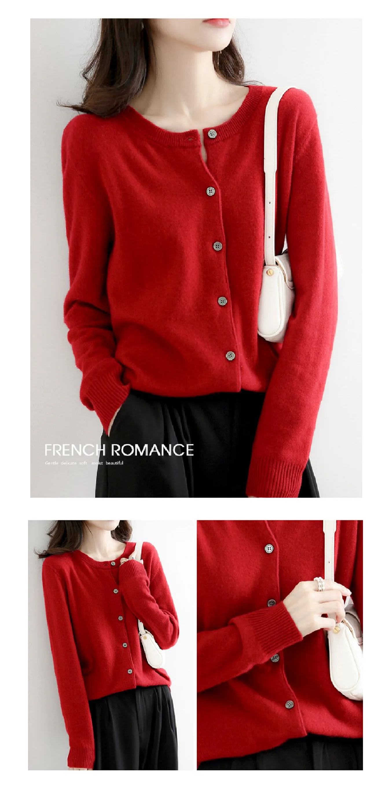 Neuer, locker geschnittener Pullover im koreanischen Stil für Damen, ideal für Frühling und Herbst, mit Rundhalsausschnitt, modisch und elegant, als lässige Arbeitskleidung oder Oberbekleidung geeignet, weiche und bequeme Strickjacke, einreihiger Mantel mit langen Ärmeln. – Detail 7