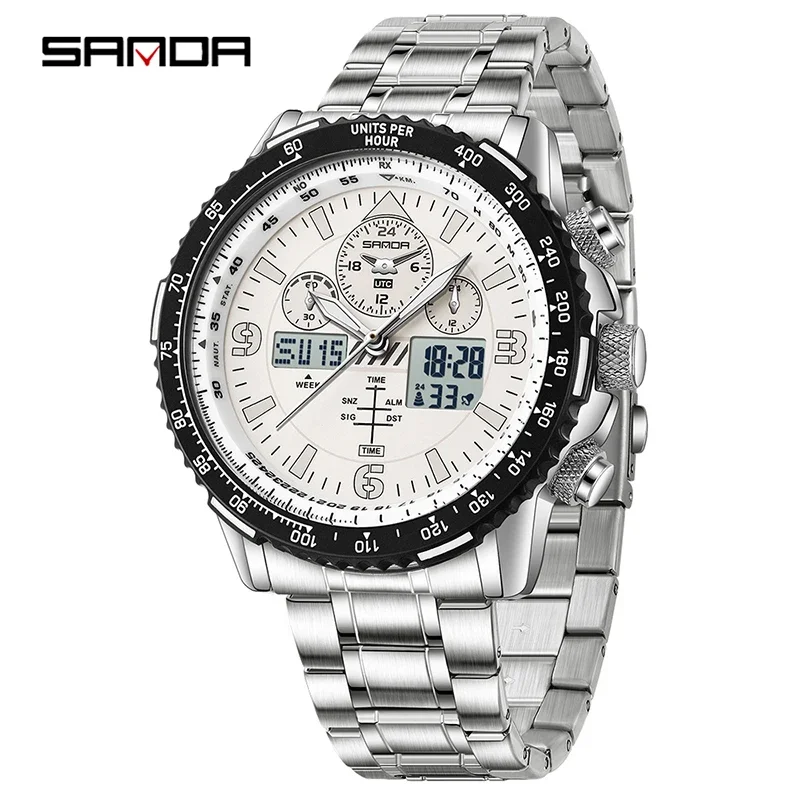 SANDA Neue Business-Quarzuhren für Herren, modisches Edelstahlband, Datum, multifunktionaler Chronograph, 5 Bar, wasserdichte Uhr