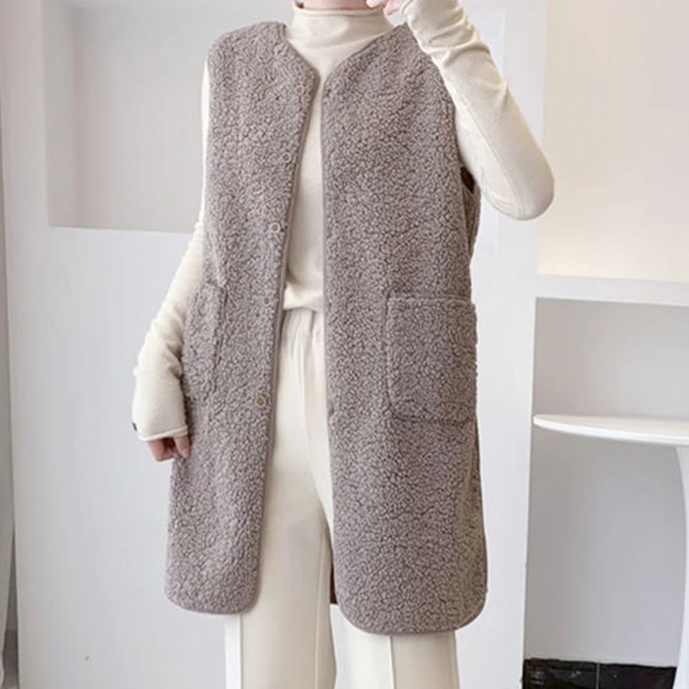 

Solid Color Faux Lamb Wool Vest for Women Medium Long Thick Casual Polyester Regular Length Fashion Layering Vest