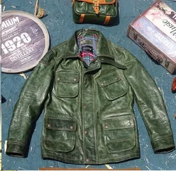 YR!Free shipping.US style vintage green M65 genuine leather jacket.Men quality hunting horsehide coat.plus size leather cloth
