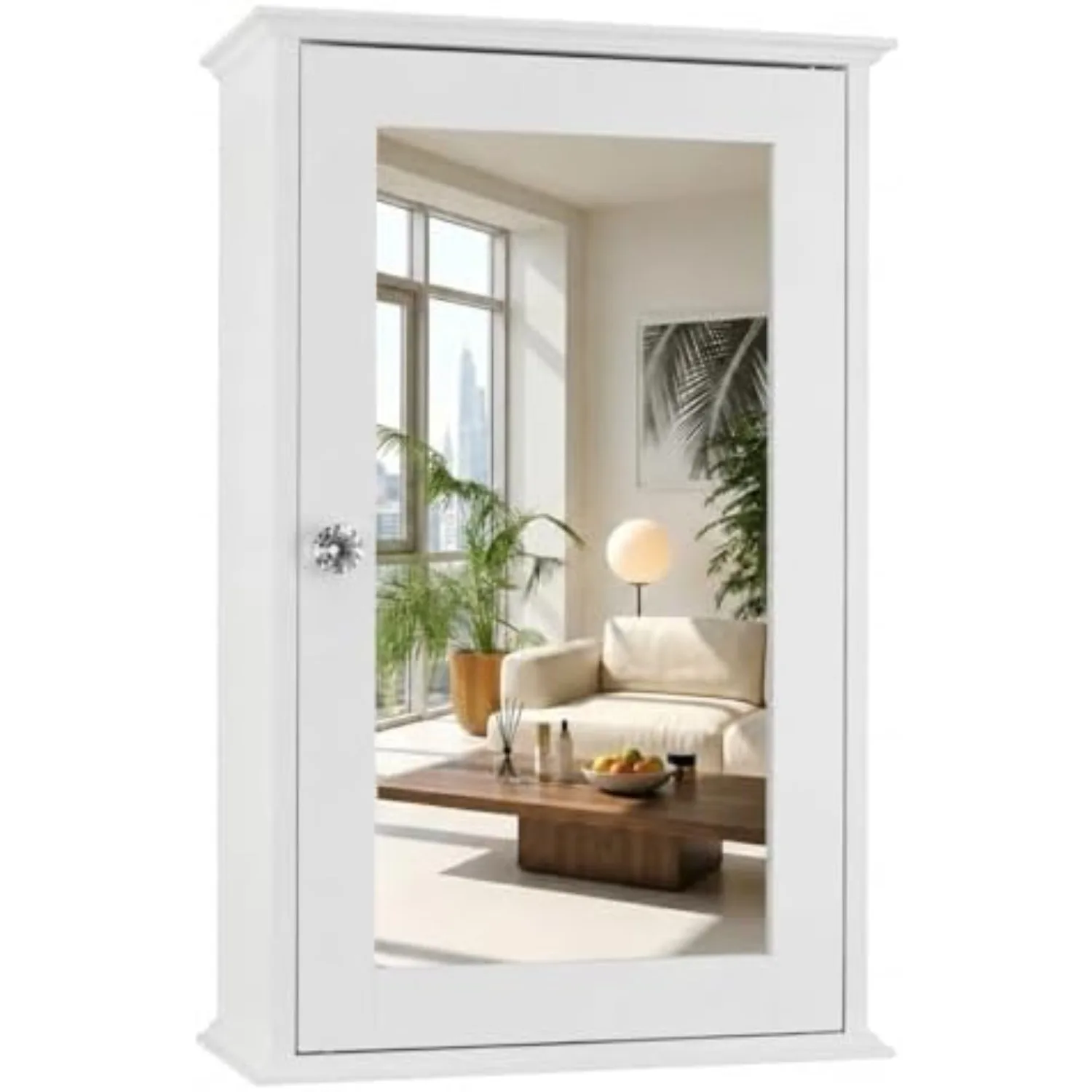 White Mirrored Medicine Cabinet - Wall Mounted Bathroom Storage Organizer with Single Door, 2 Adjustable Shelves &
