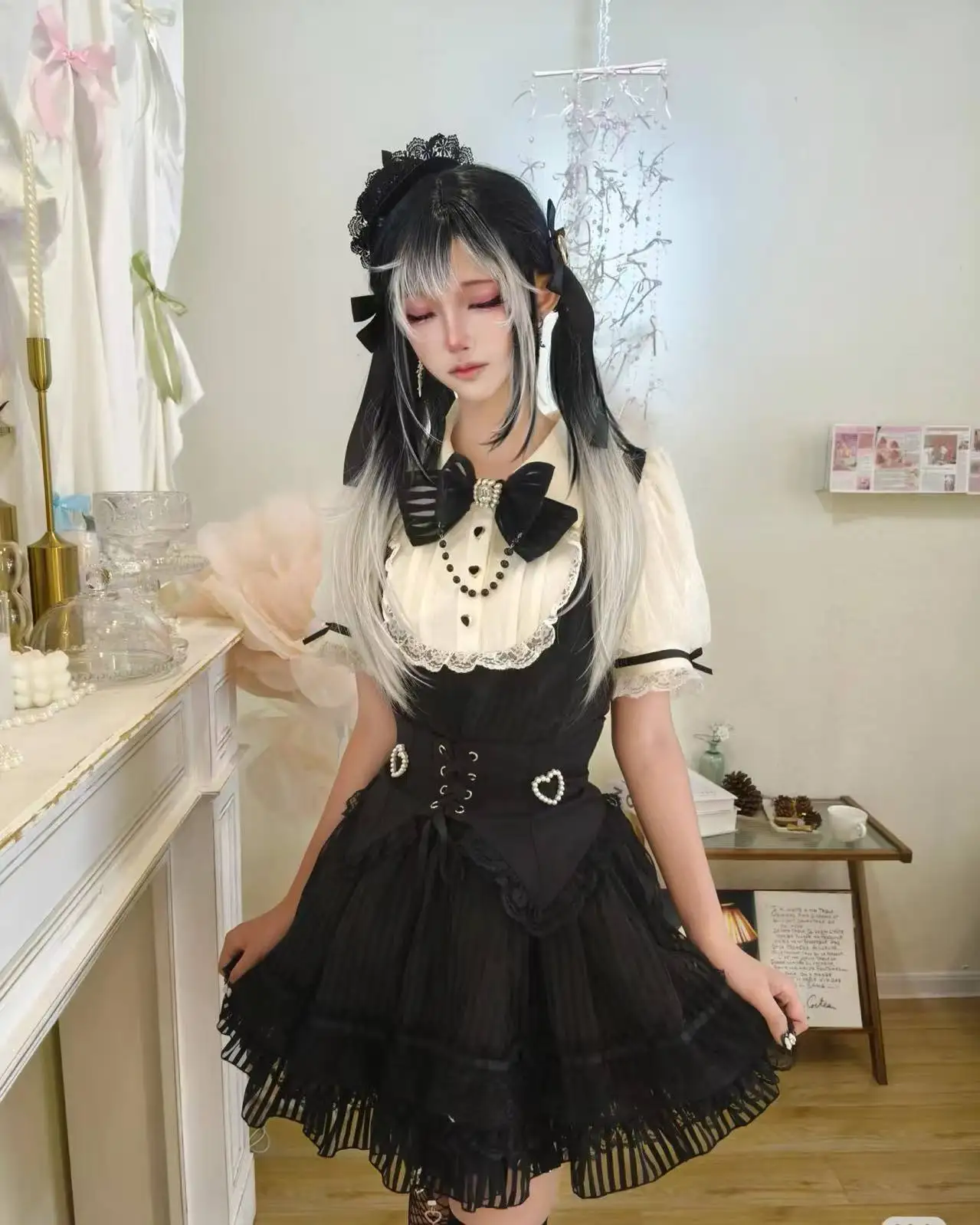 

Japanese Gothic Y2k Bow Lolita Dress Set Women Sweet Lace Ruffles Peter Pan Collar Party Dresses Harajuku Kawaii Suit