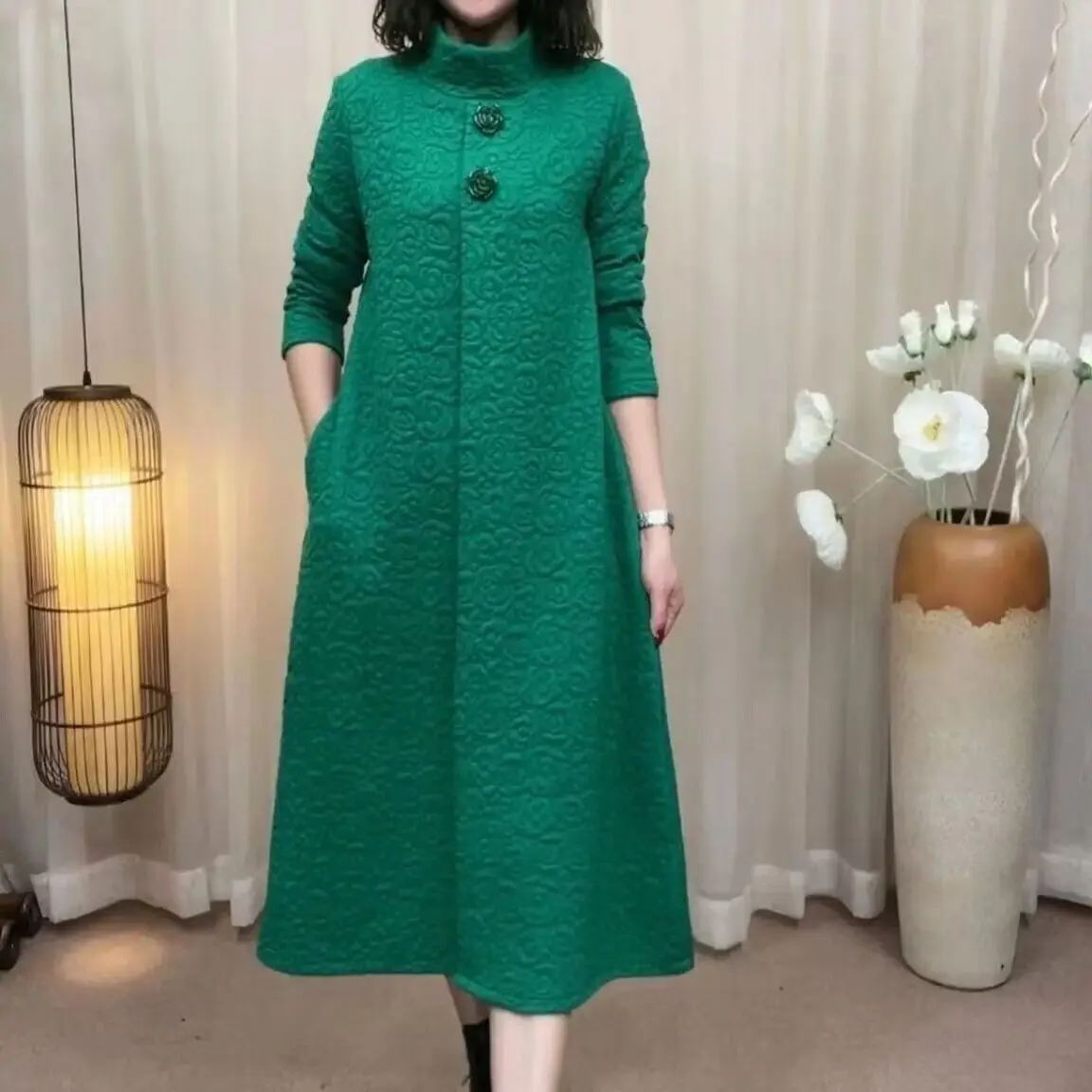 

Elegant Women's Set Winter Slimming Fashion Loose Dress Mid-Length Plush High Collar Large Size Long Dress