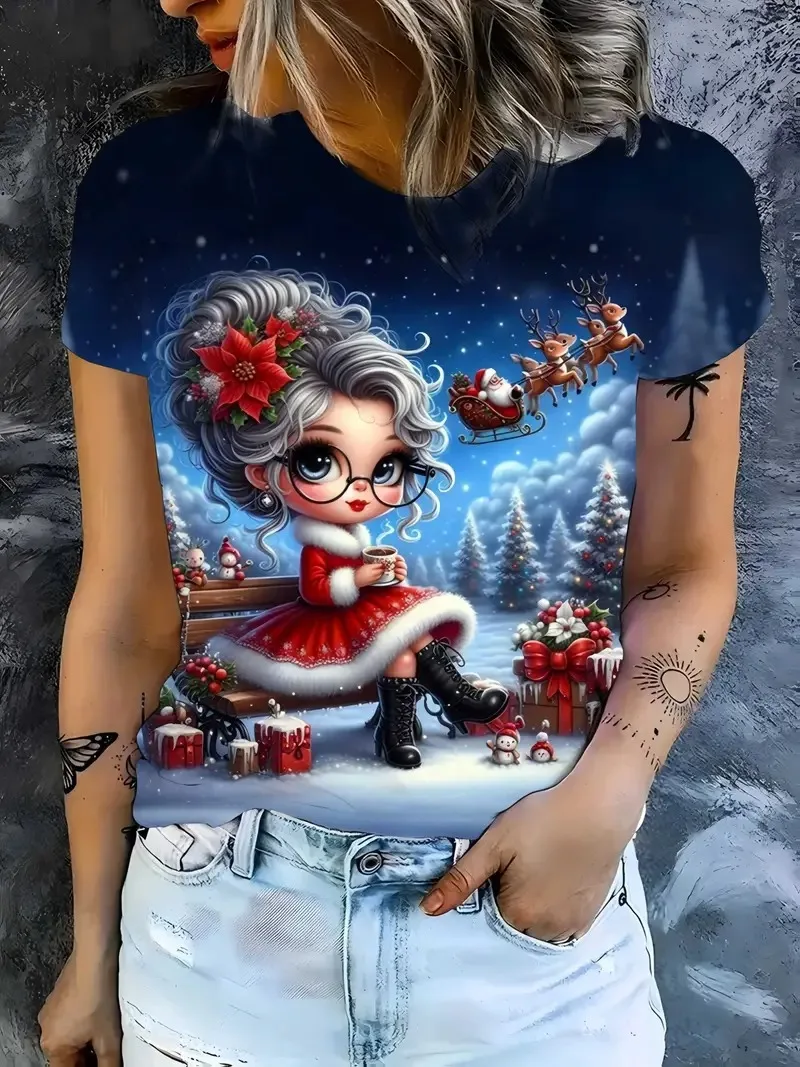 

Ladies' elegant Christmas t-shirt cute Christmas sled 3D printed shirt fashion summer festival party casual loose women clothing