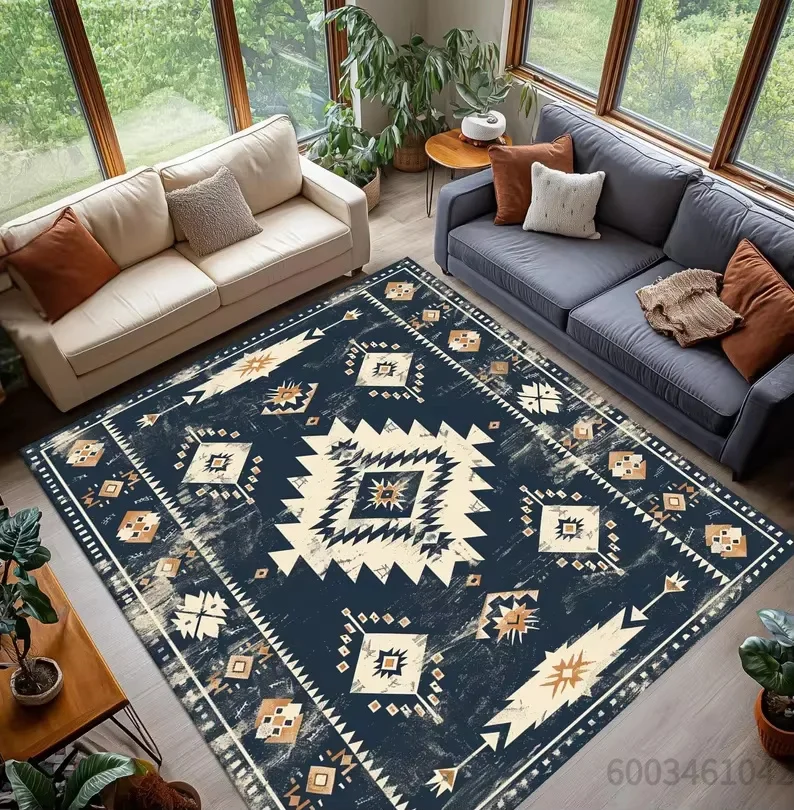 Indian Ethnic Pattern Area Rug, Vintage Bohemian Style Non‑Slip Floor Carpet Mat for Living Room Home Decoration