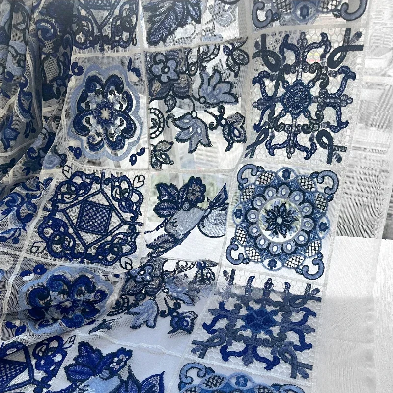 Checkered Pattern Blue and White Porcelain Three-dimensional Embroidery Fabric Semi Transparent Dress Home Curtain Fabric