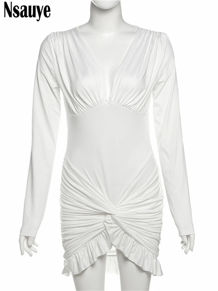 Nsauye Zomer Elegante Mode Witte Sexy Ruches Hoge Taille Mini Wrap Lange Mouw Jurk Avondfeest Nachtclub Jurk 2025