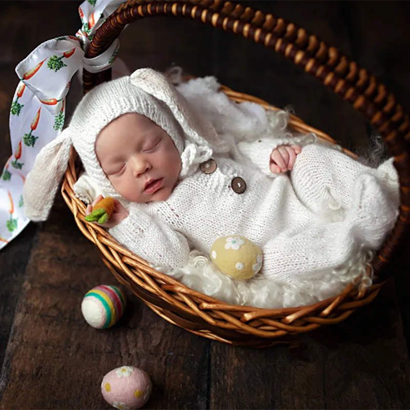 2023Newborn Photography Clothing Rabbit Ear Hat jumpsuits Studio Baby Photo Props Accessories Knit Clothes Outfits