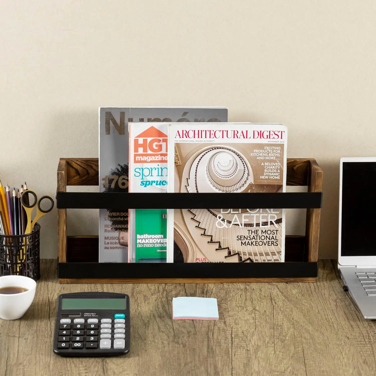 Rustic Wood and Metal Magazine Rack, Wall Mountable Double Wide Book Holder or Standing Organizer