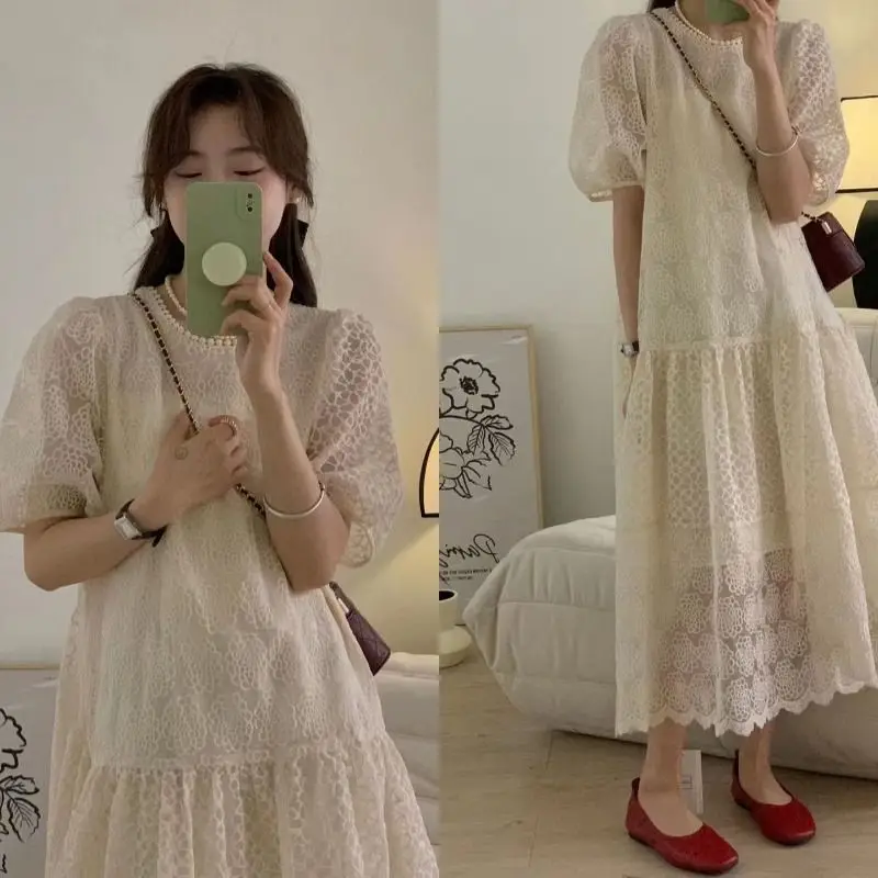 Korejpaa Gentle Summer Dress 2024 New French Style Round Neck Sweet Puff Sleeve Lace Dresses Women Elegant Solid Vestidos