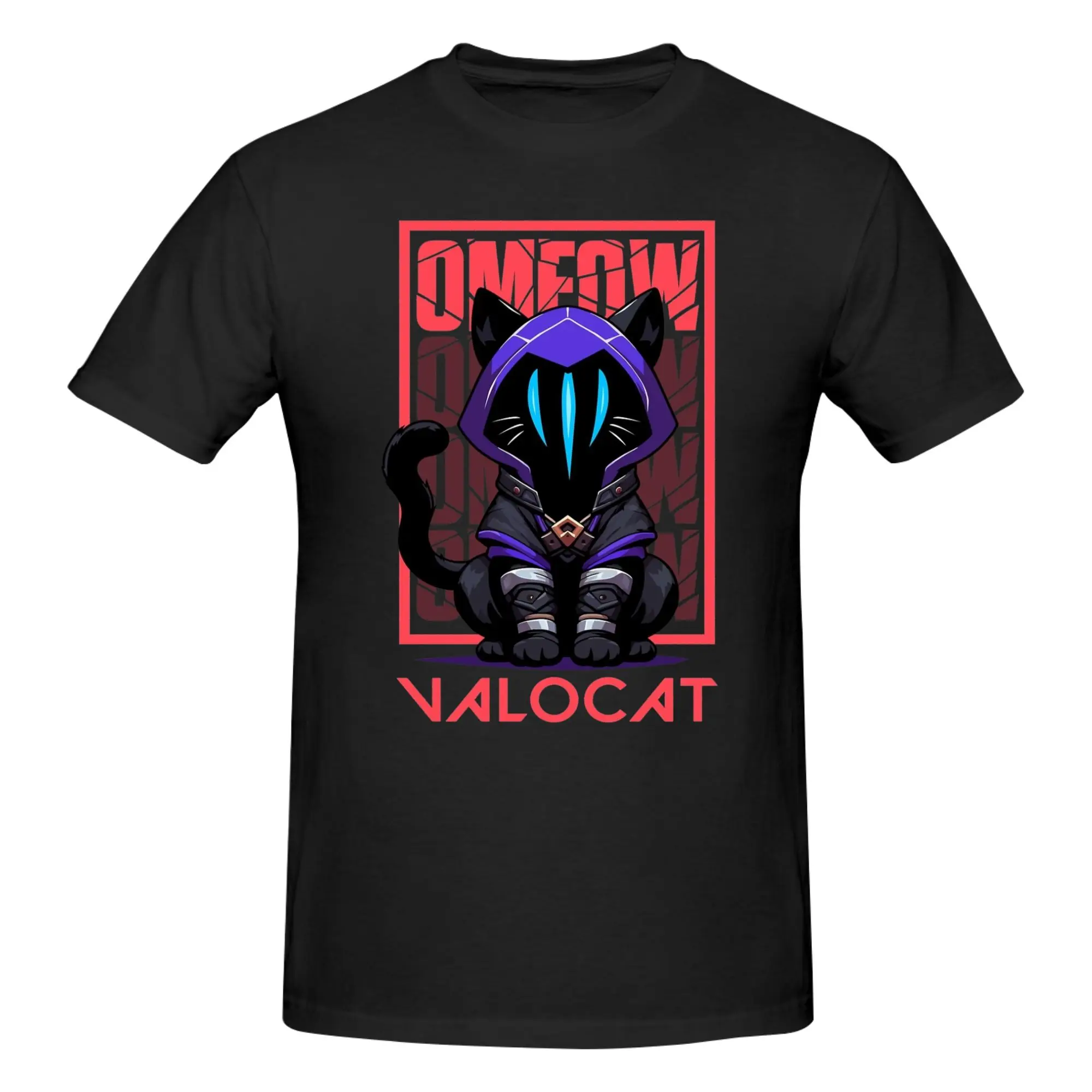 1 Piece OMEOW Cat Style Funny Graphic 100% Cotton T-Shirt V-Valorant Stylized FPS Fans Tops Tees For Men