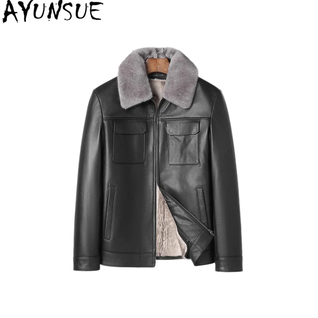 

Tcyeek Genuine Leather Man Jackets Winter Clothes Top Layer Cowhide Mens Coats Collar Detachable Warm Liner Jaqueta De Couro