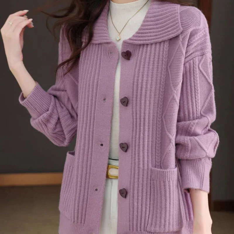 Autumn Winter Solid Chic Button Turn-down Collar Sweater Coat Women Fashion Elegant Commute Wool Knitted Cardigan