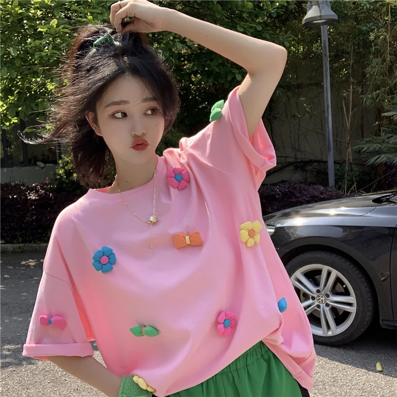 Women Short Sleeve T-shirts Sweet Girls Summer Loose 3D Flower Lovely Trendy Tops Students Soft Ulzzang Tees Females 2023 Newest