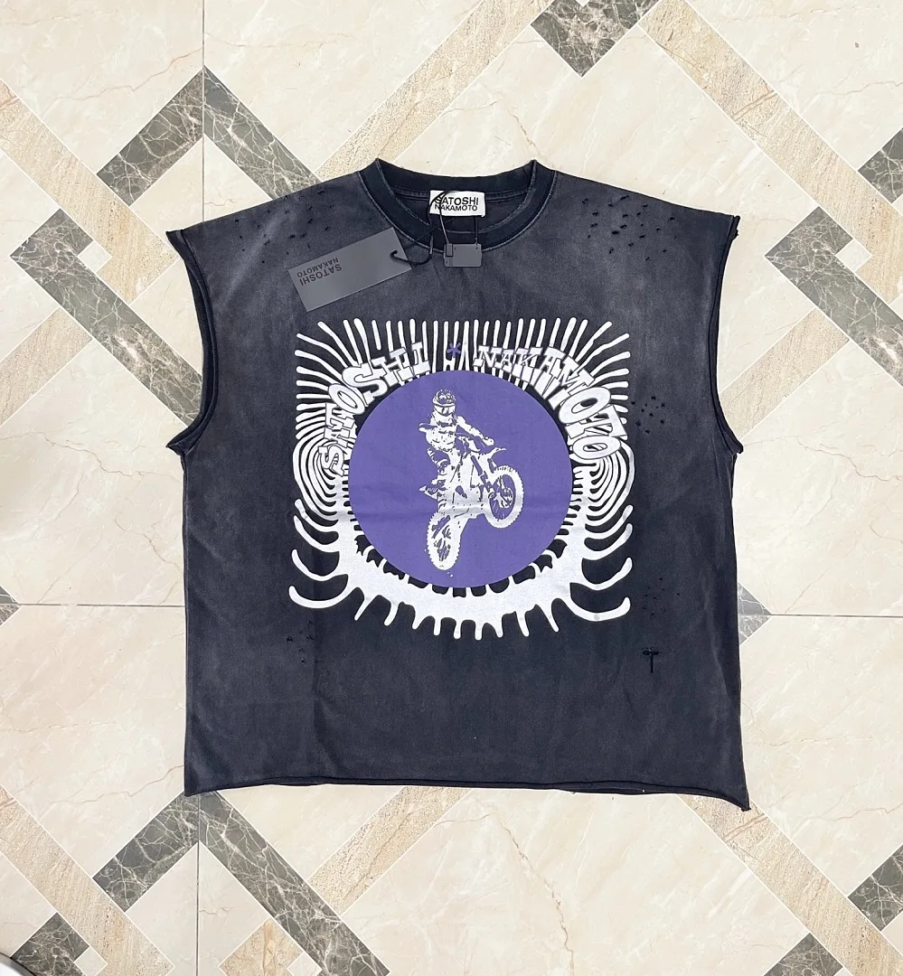 Satoshi Nakamoto Motorcycle Rider Print Sleeveless Vest Vintage Washed Hole Distressed Streetwear Crew Neck Loose Tank Top Men