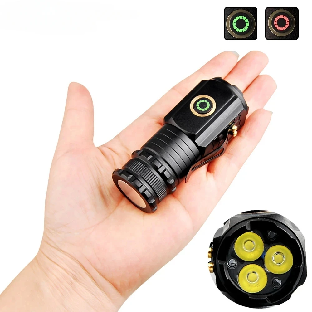 Mini linterna LED EDC potente, luz de llavero superbrillante, 2000LM, recargable por USB, linterna de Camping con indicador de potencia