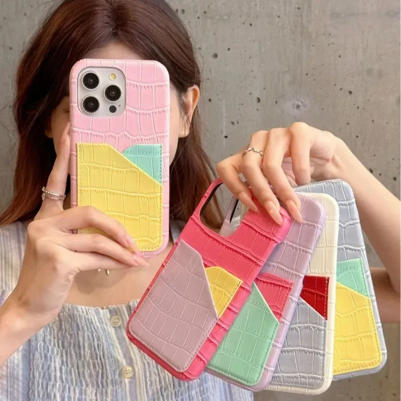 

New Suitable for iPhone 15promax Card Insertion Color Multicolor Phone Case 14pro Crocodile Pattern 13Anti Drop Protective Cover