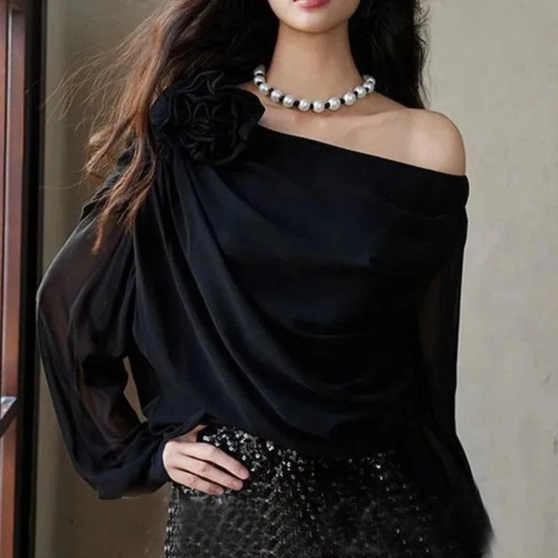 

Irregular Sexy See Through Off Shoulder Flower Applique T Shirt French Fashion Long Sleeve Crop Tops Chic Coquette Mesh Camis