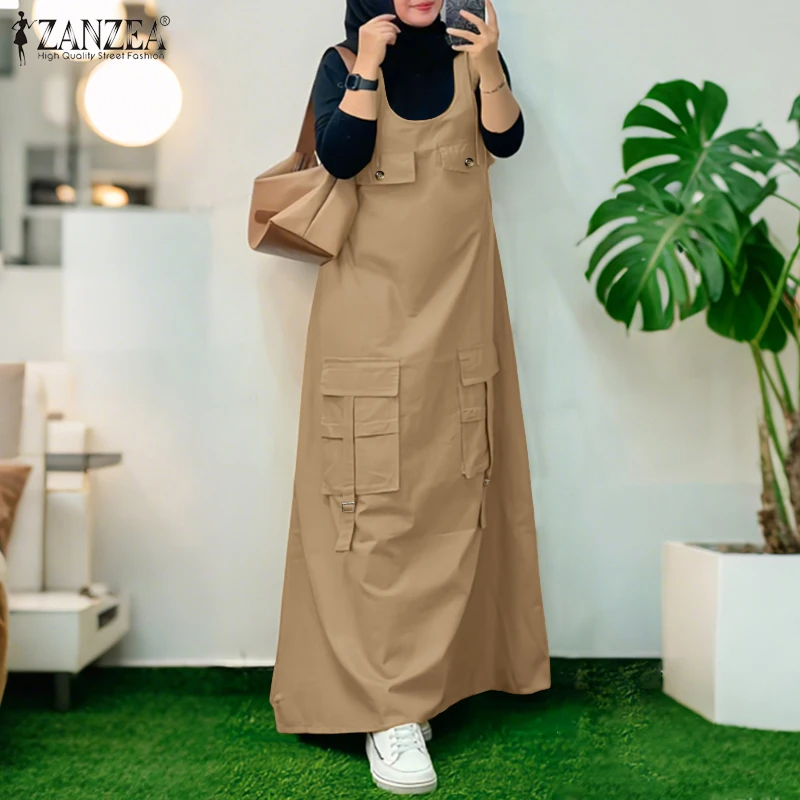 

2026 весенне-осенний комбинезон, платье ZANZEA, мусульманские платья Абая, женские винтажные бретели, однотонный халат, кафтан, изозиционная одежда
