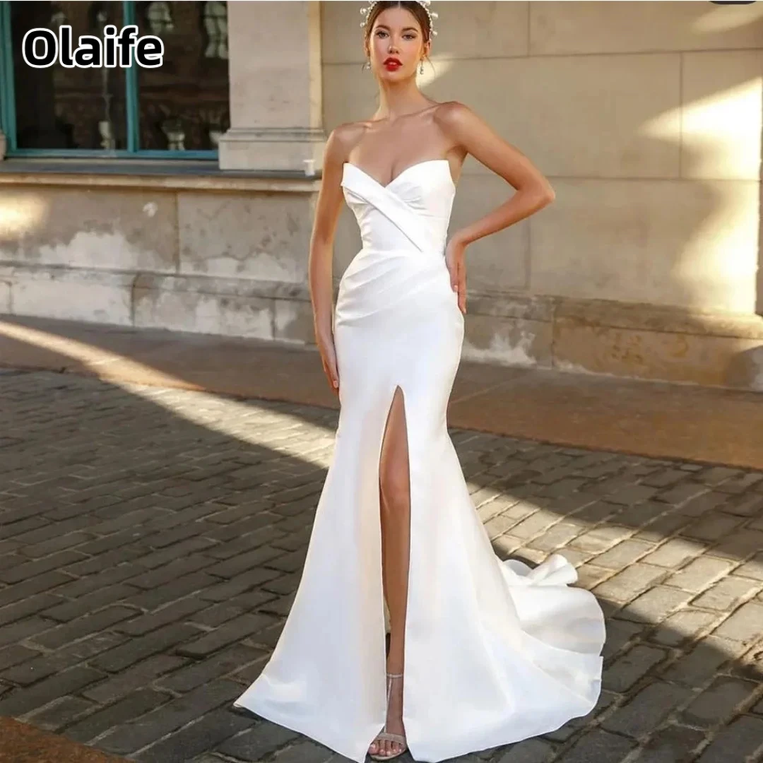 

Olaife Simple High Split Satin Mermaid Wedding Dresses Sweetheart Bridal Gown Sweep Train Corset For Women vestidos de novia