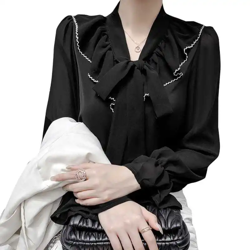 2022  Early  Autumn  Chiffon  V Neck  Long Seeve  T-shirts  Women  Solid Bow  Design  Loose  Wild  Flare  Sleeve  Upper Garment